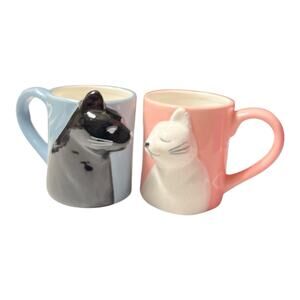 Binoster Black White Cat Coffee Mugs Set of 2 Pink Blue Cups Kiss Me Forever NIB